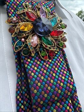 OOAK Charles Tyrwhitt Necktie Necklace Brilliant Stone Brooch & Beaded Necklace